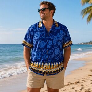 Corona Extra Mens Hawaiian Shirt Blue Tropical Beer Bottle Print XXL